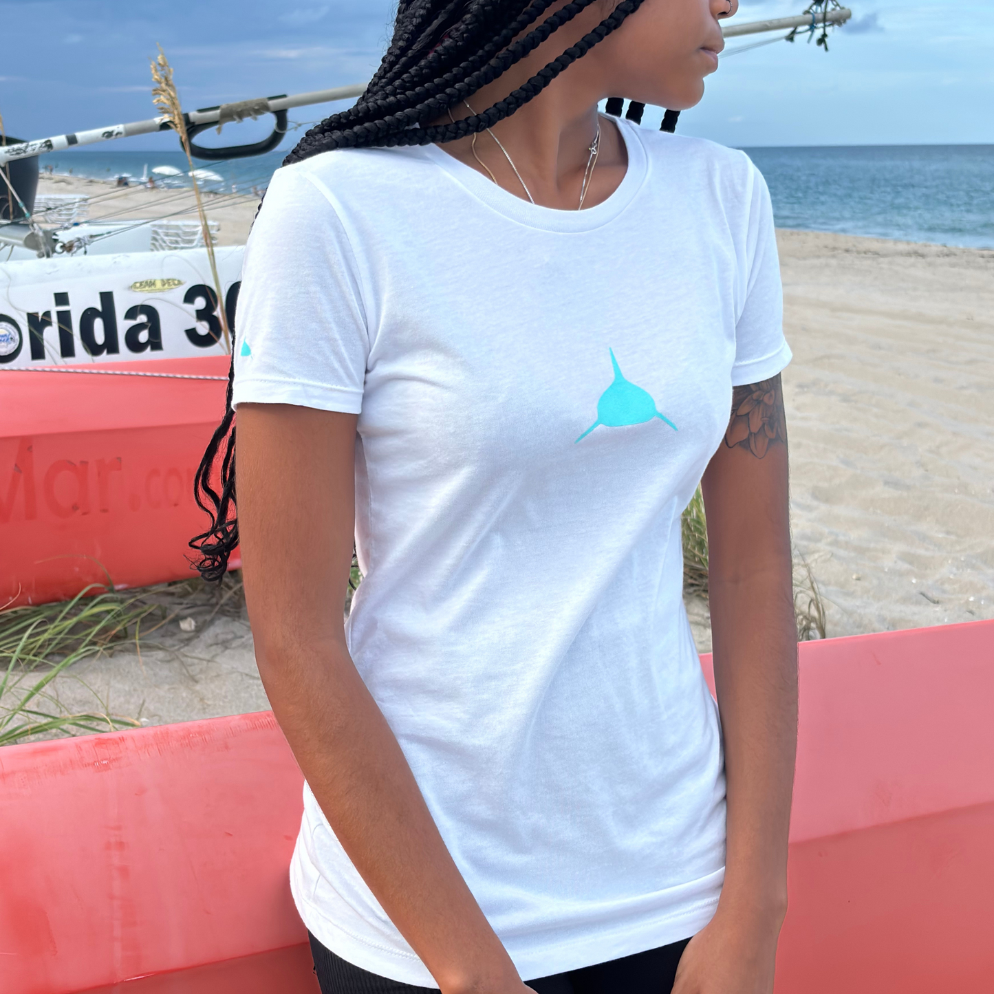 Womens White Classic with Bahama Blue Logo